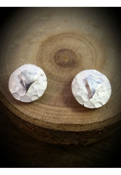 Plannished Hearts Silver Stud Earrings with Silver Heart